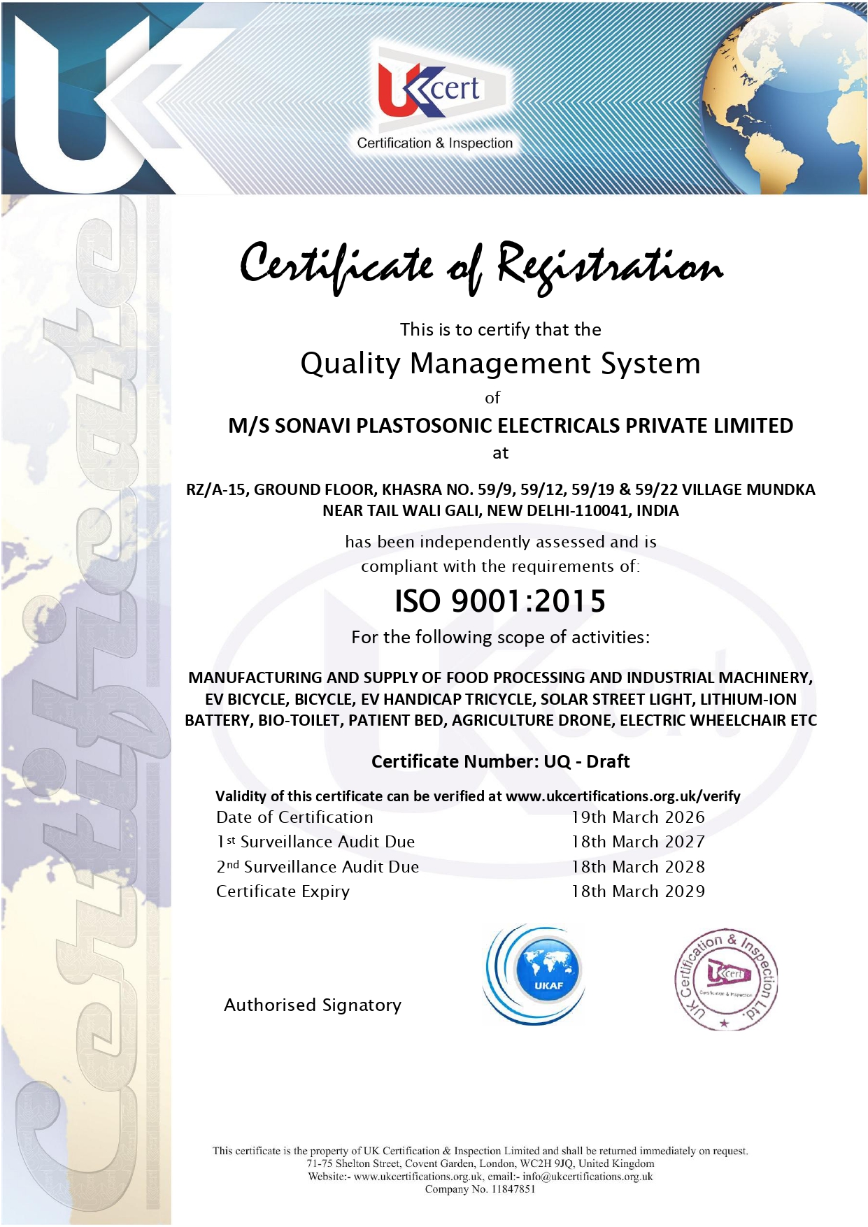 Sonavi Plastosonic certificate
