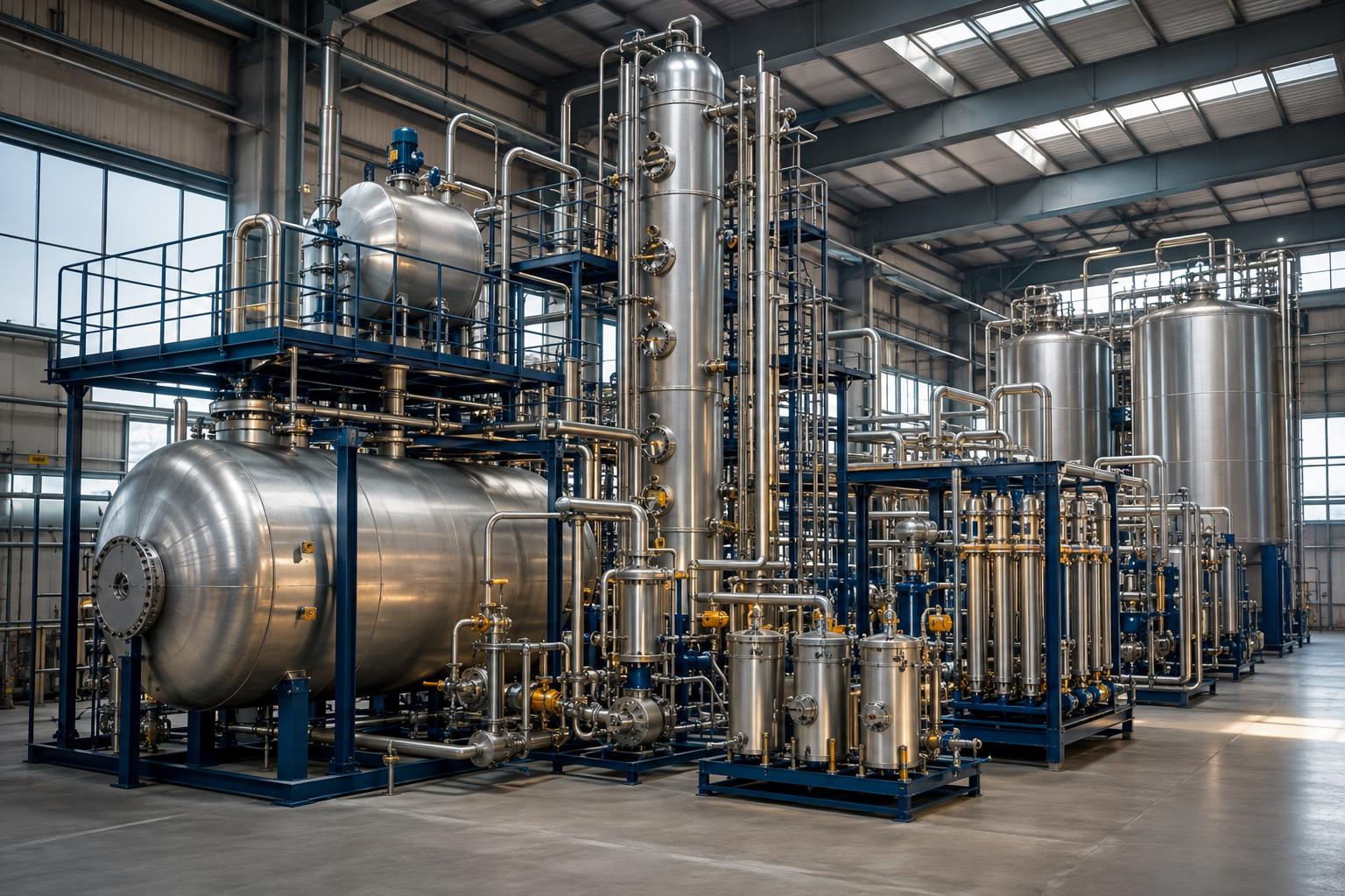 Concept illustration of an engine oil recycling plant with processing vessels, filtration equipment and distillation column
