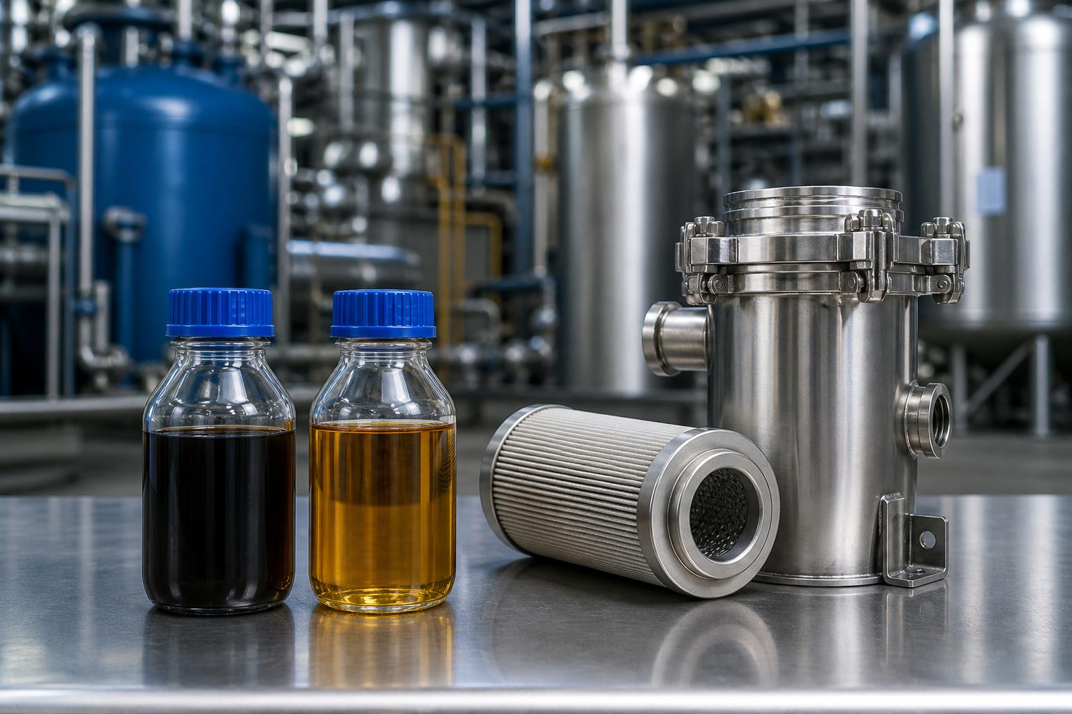 Concept illustration of dark and amber oil sample bottles beside a stainless steel filtration housing and filter element