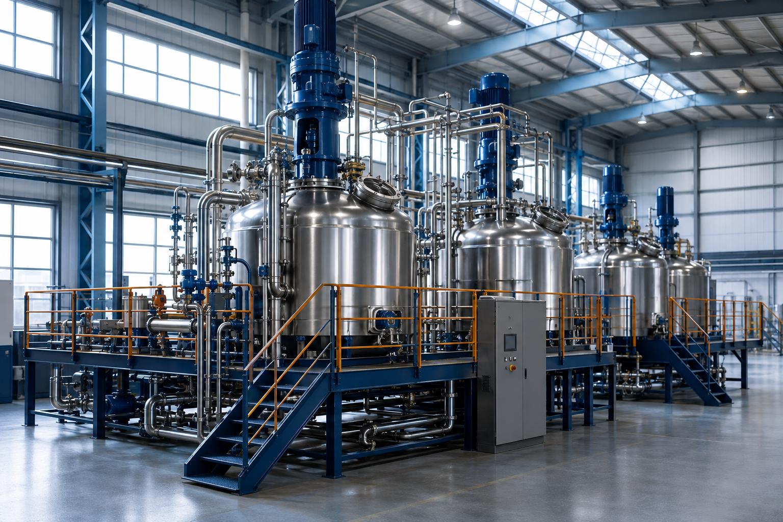 Concept illustration of an industrial blending plant with stainless steel mixing vessels, agitator motors and process piping