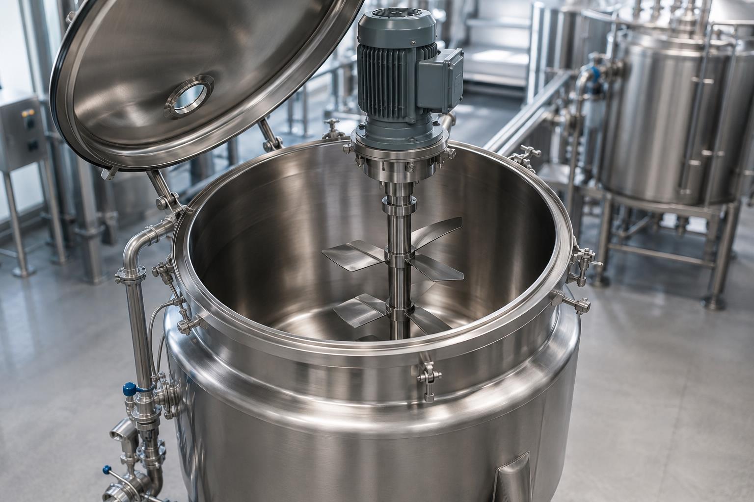 Concept illustration of an empty stainless steel mixing vessel with central agitator shaft and mixing paddles