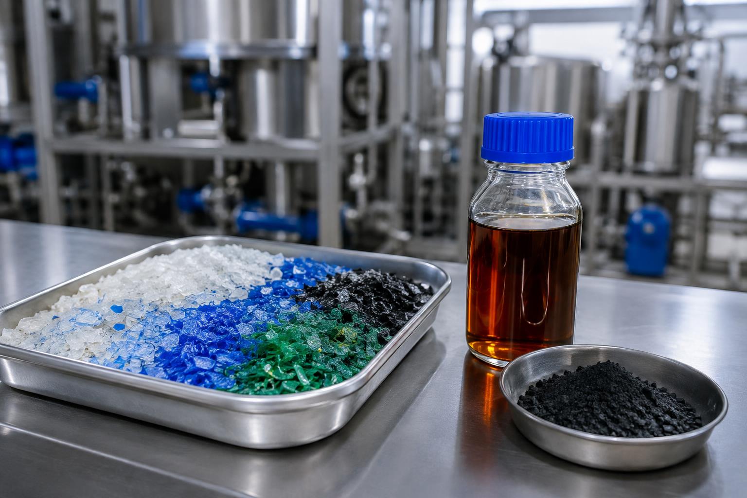Concept illustration of sorted plastic flakes, amber oil and carbon residue on an industrial laboratory bench