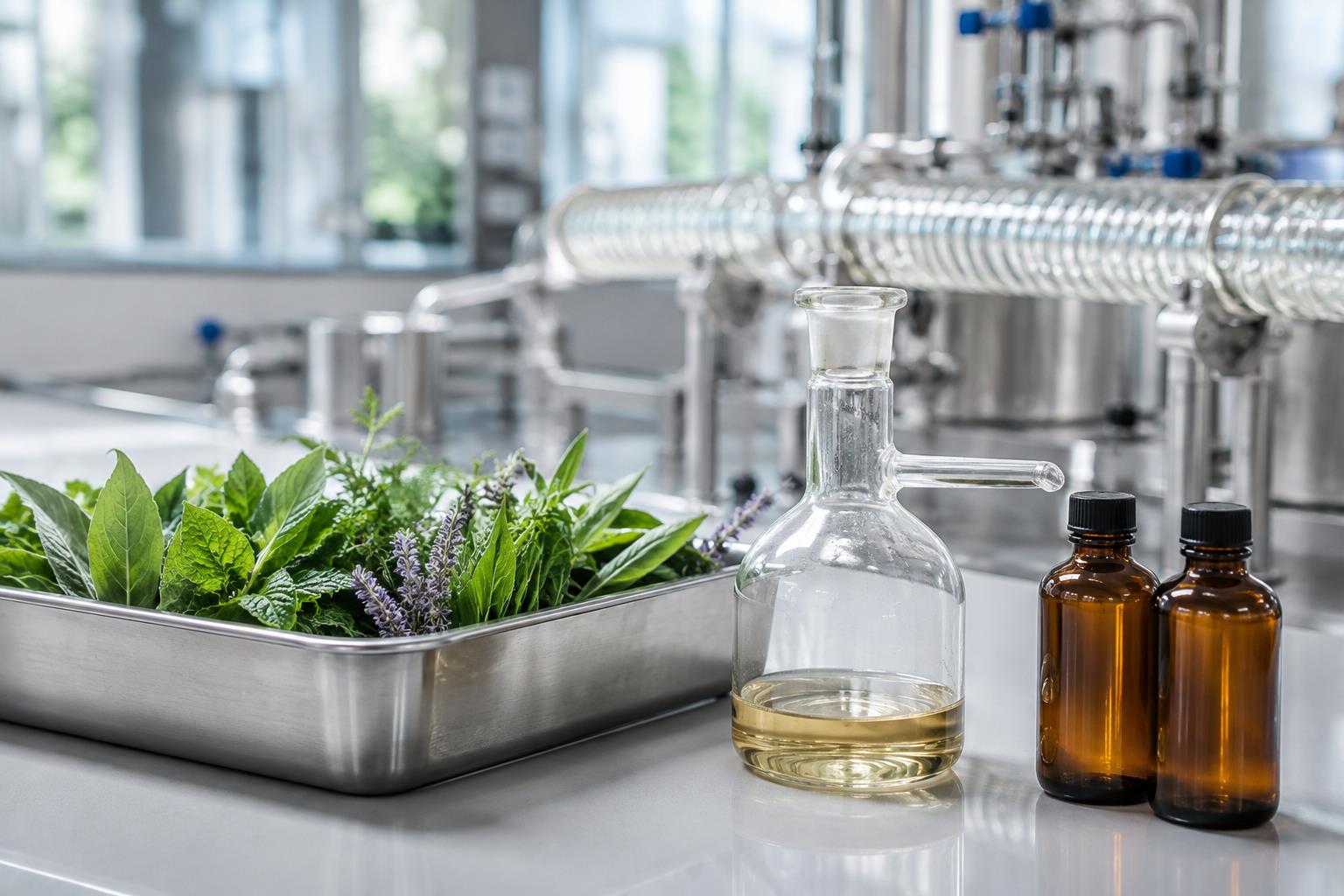 Botanical leaves, lavender and essential oil sample vessels on a laboratory workbench, concept illustration