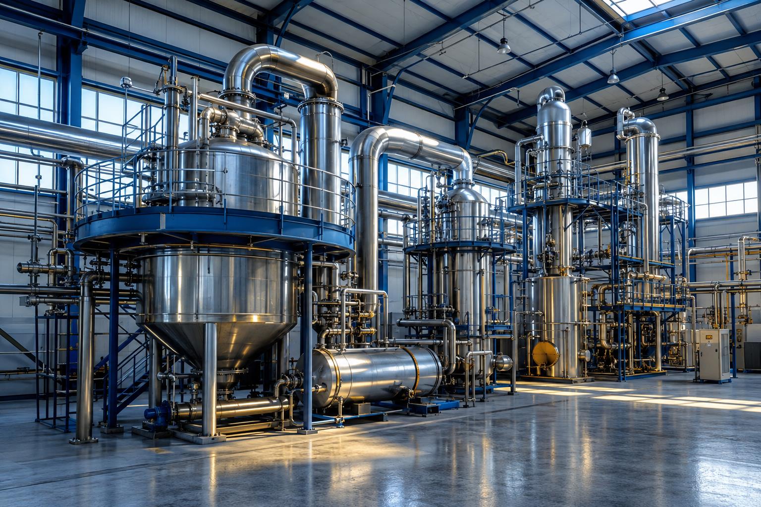 Concept illustration of a vacuum distillation plant with stainless steel vessels and pipework